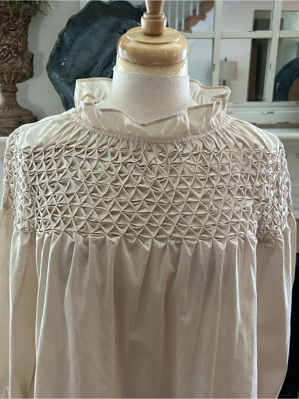 Merlette Majorelle Cream Smocked Yoke Blouse with a Elegant Ruffle Neck - Picture 6 of 12